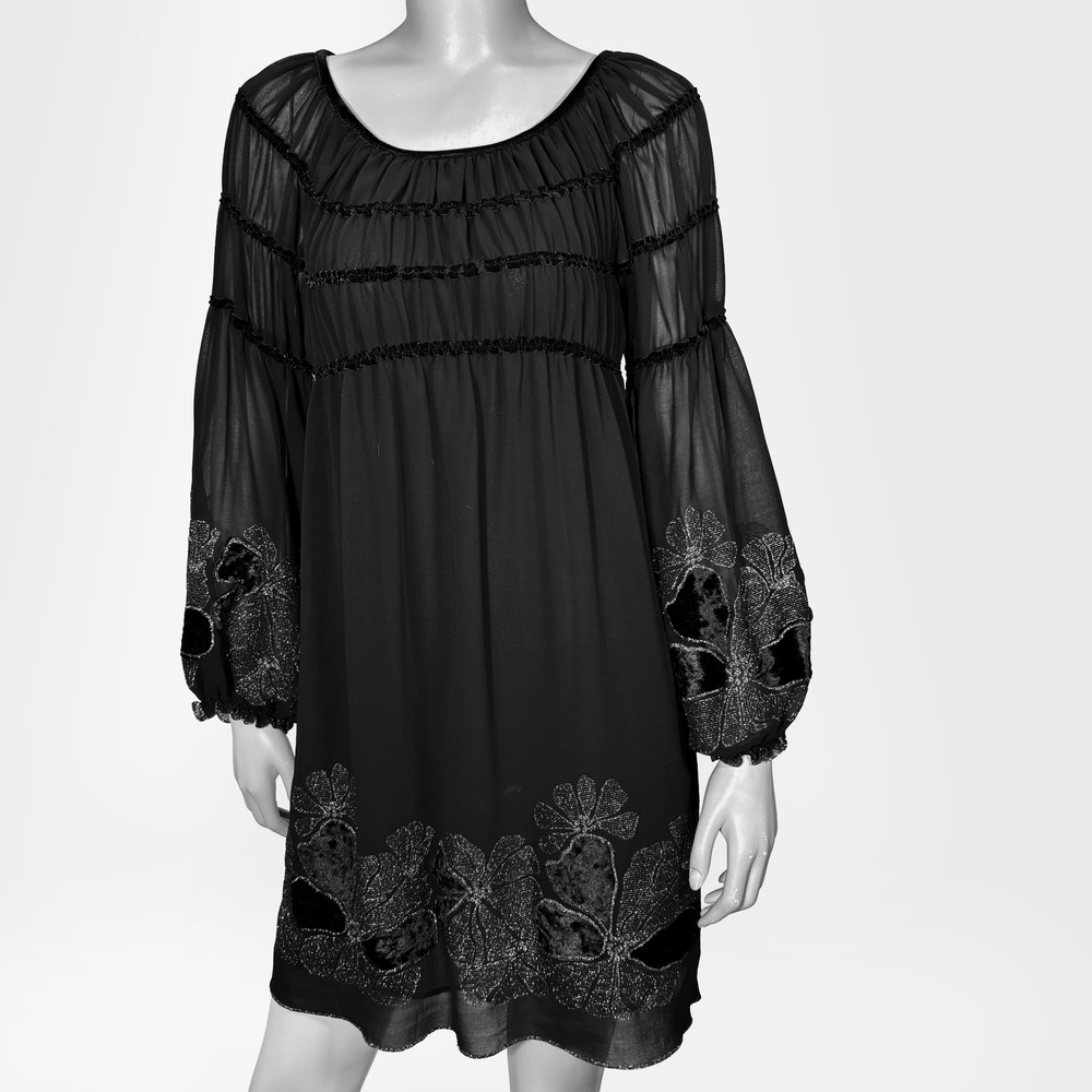 VTG Y2K Max Studio Black Velvet Floral Embroidered Babydoll Dress S Chiffon Goth
